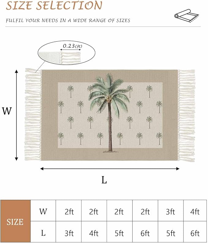 Tropical Palm Tree Runner Rug 3X5 Ft Bedroom Area Rug, Washable Woven Brown Summer Beach Plant Throw Carpet with Tassel, Non-Shedding Farmhouse Retro Green Botanical Dining Room Living Room Carpets