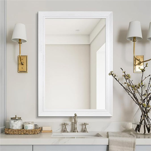 24" x 36" Rustic Wooden Framed Wall Mirror for Bathroom, White Wood Vanity Rectangle Mirror for Over Sink, Waterproof, Decor Bathroom, Living Room, Bedroom, Entryway, Horizontal/Vertical
