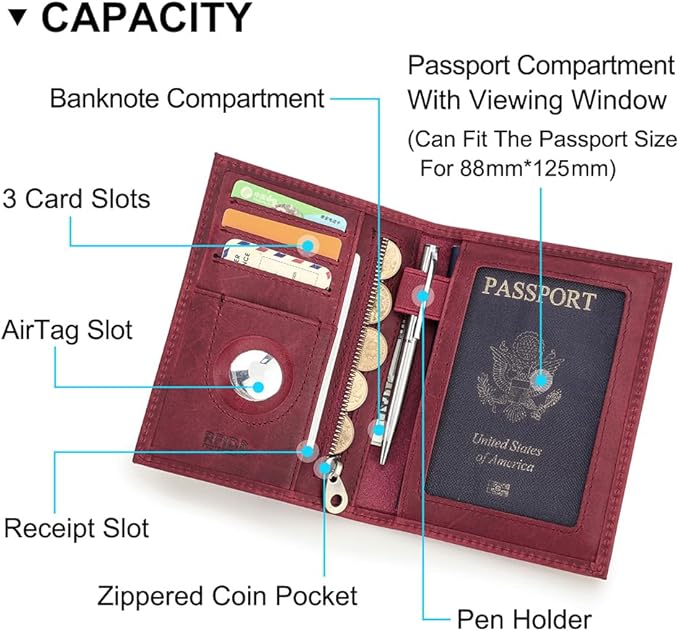 CONTACTS Full Grain Leather Airtag Passport Holder RFID Blocking Travel Passport Wallet Slim Passport Cover Case with 4 Cards Slots, Coin Pocket (Badge, Wine Red)