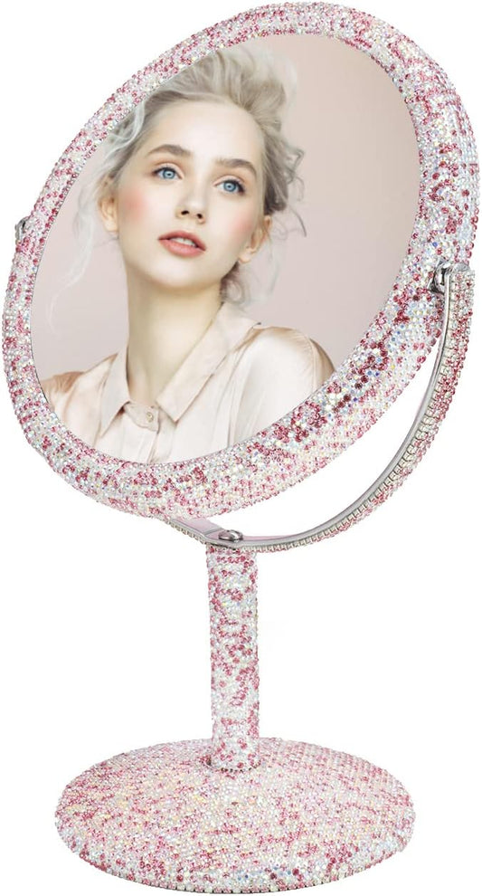 KEYPOWER Bling Rhinestone Makeup Vanity Mirror Round with Stand Double Side Cosmetic Glitter Movable Desk Bathroom Bedroom Tabletop(Pink)