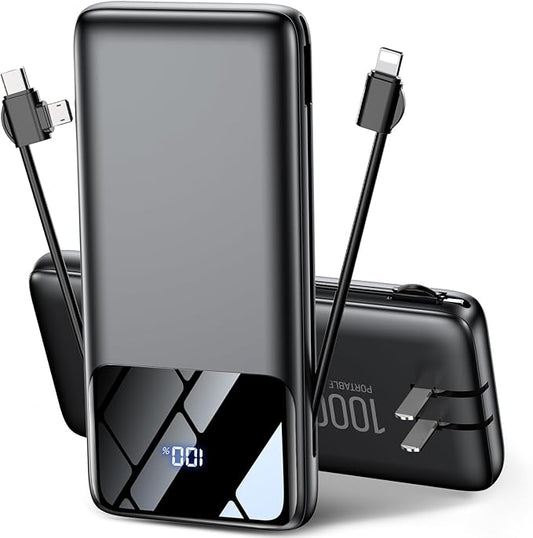 Portable Charger Power Bank with Built-in Cables and Wall Plug, 10000mAh Slim USB-C Battery Pack, 15W Fast Charging Travel Essential Portable Phone Charger Compatible with iPhone, Samsung (Black)