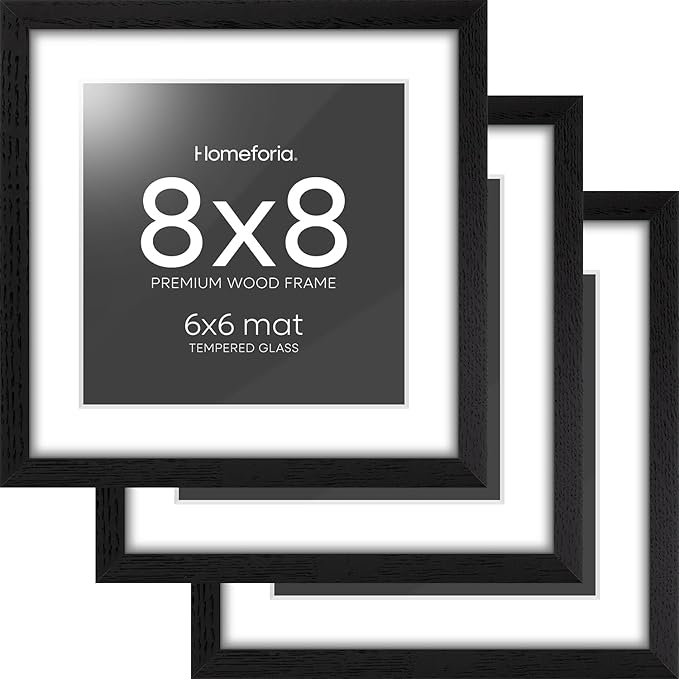 Homeforia 8x8 Picture Frame Black Wood, High-End Oak 8 x 8 Square Frames with Mat 6 by 6 inch Photo, 8x8 Wooden Frame Matted to 6x6 Art, 8by8 Wall or Tabletop Frame, Tempered Glass, Wall Kit, Set of 3