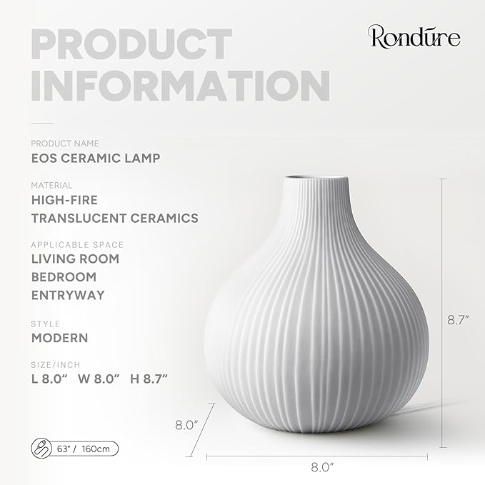 RONDURE 8.7" Modern Ceramic Table Lamp, Modern Bedside Lamps for Bedroom, Living Room and Nightstand, White Translucent Ceramic Shade, Warm Ambient Lighting, Home Decor