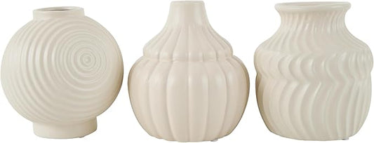 Deco 79 Ceramic Abstract Decorative Vase Small Textured Centerpiece Vases with Varying Shapes and Patterns, Set of 3 Flower Vases for Home Decoration 5" W, 6" H, Cream