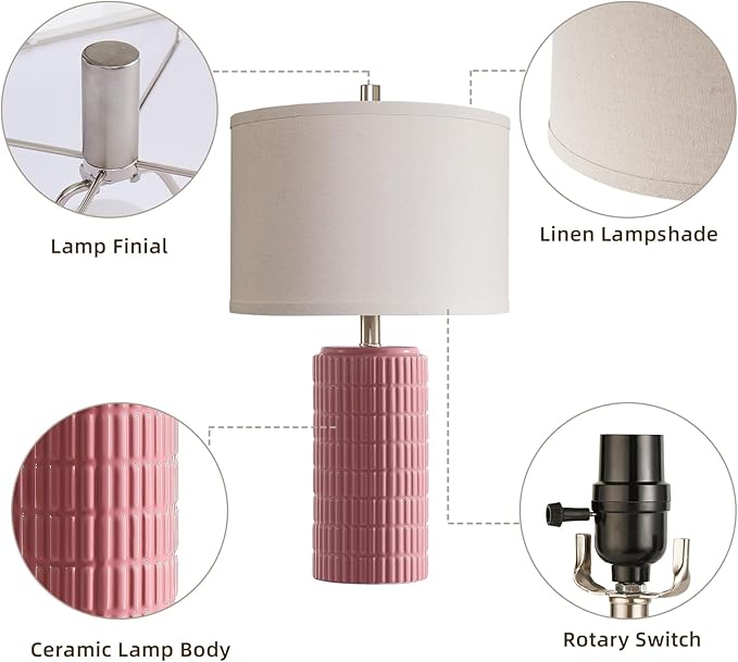 23" Set of 2 Pink Ceramic Table Lamp for Living Room Bedroom, Modern Farmhouse Nightstand Desk Lamps for Dining Room Dresser End Table Entryway, 2 LED Bulbs Included