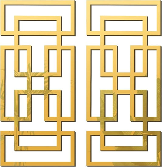 2 Piece Gold Rectangular Wall Mirrors, 15.7×7 Inch Geometric Wooden Frame Acrylic Wall-Mounted Modern Mirror Decor for Bathroom Bedroom Living Room Office Farmhouse Home Decorations