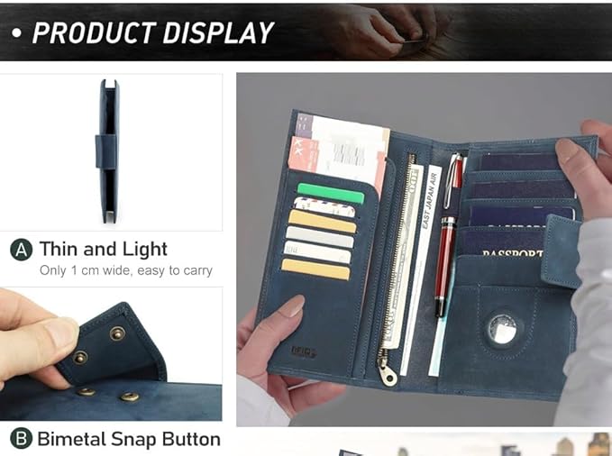 Unisex Genuine Leather Wallet Retro Crazy Horse Leather RFID Blocking Family Travel Passport Holder Slot (Blue)