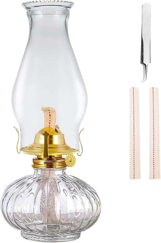 Large Oil Lamp for Indoor Use,Rustic Kerosene Lamp with 2 Pcs Wicks and 1 Tweezers,Glass Hurricane Lantern for Home Emergency Lighting (Clear)