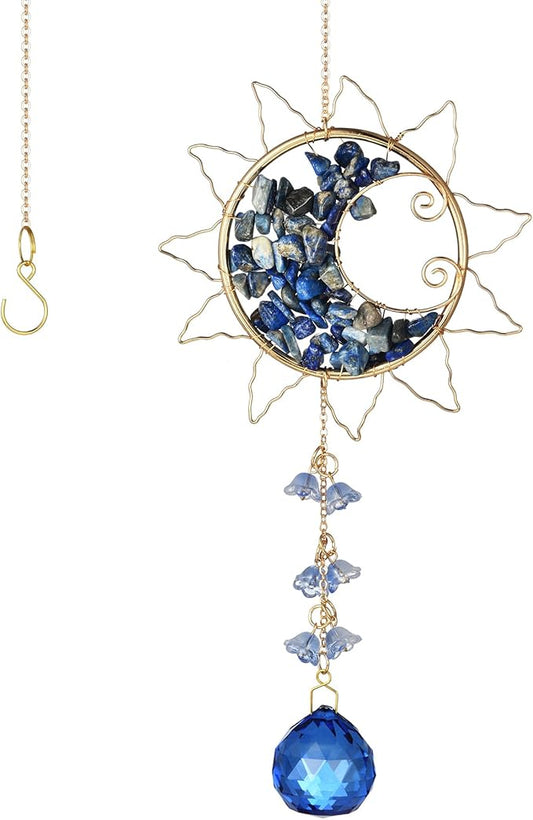 Hanging Sunlight Catcher, Sun & Moon Crystal Suncatcher, Crystal Hanging Ornament, Hanging Crystals for Decoration, Festival Gift, Window Decoration (Blue)