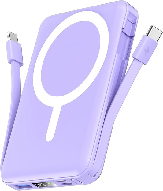 podoru for Magsafe Battery Pack, 10000mAh Magnetic Power Bank Built-in Double USB C Cables 22.5W PD Fast Charging LED Display Wireless Portable Charger for iPhone 17/16/15/14/13/12 Series-Purple