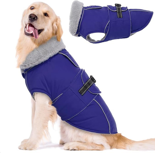 Lelepet Warm Dog Winter Coat Waterproof Dog Jacket with Adjustable Buckle & Leash Hole Reflective Pet Fleece Snowsuit Turtleneck Windproof Cold Weather Coats, Blue, XXXL