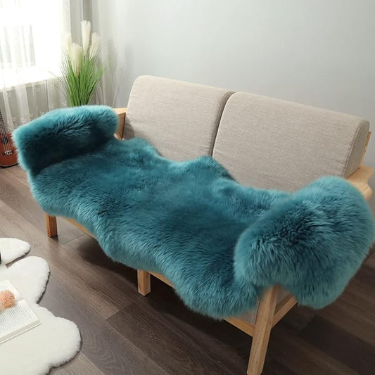 Premium Genuine Fur Sheepskin Rug Real Australia Sheepskin Natural Luxury Fluffy Lambskin Fur Area Rug Seat Covers for Kids Bedroom Sofa Chair Cover (Dark Aquamarine, Double Pelt/2ft x 6ft)