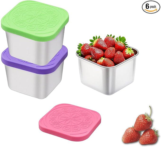304 Premium Stainless Steel Snack Containers with Silicone Lids, Snackle Box Containers, Easy-Open Leak-Proof Kids for Taking Out for a Picnic, Lunch Box and Travel. (Purple Pink Green-3, 6 OZ)