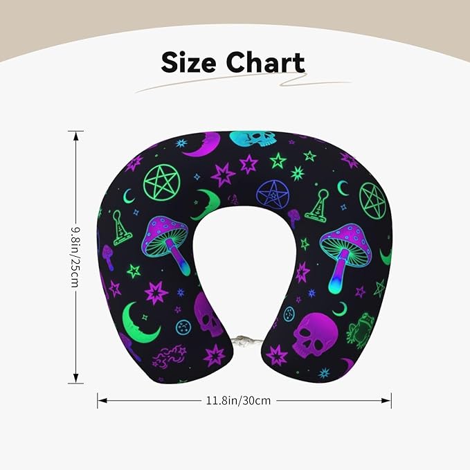 Funny Neck Pillow Support for Car Flight Rest Witch Frogs Goth Moon Skull Mushroom, Memory Foam U Shaped Decor Head Cushion for Home Outdoors Travel