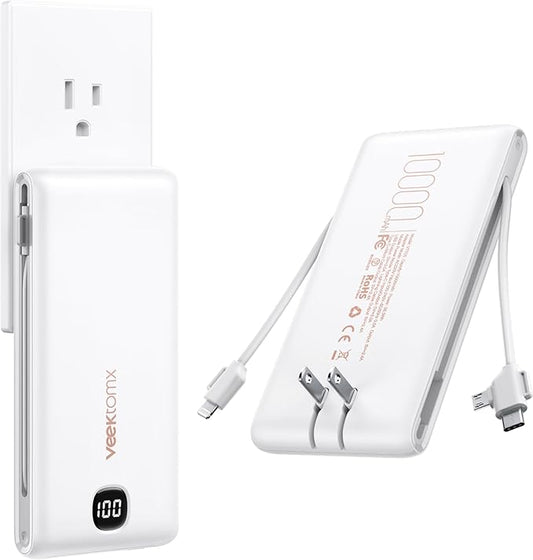 VEEKTOMX Portable Charger with Built in Cables 10000mAh, Power Bank for iPhone with AC Wall Plug, Fast Charging USB C Slim Battery Pack with LED Display Compatible with iPhone 17/16/15/14, Samsung