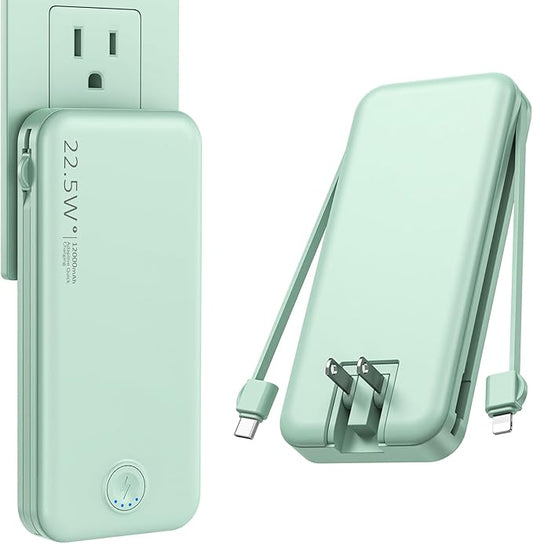 Portable Charger, 12000mAh 22.5W Fast Charging Power Bank with Built-in Cables & Wall Plug, Travel Essentials External Battery Pack, USB C Battery Phone Charger for iPhone, iPad, Samsung Green