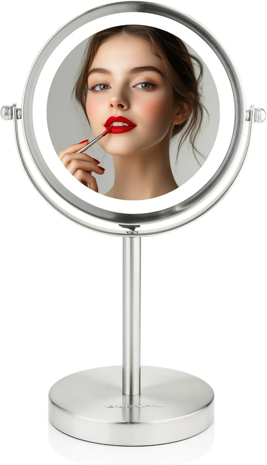 OVENTE 6" Lighted Makeup Mirror with 1X/7X Magnification, Cordless Tabletop Mount Vanity Round Mirror with 360° Swivel Design and Double Sided Cool Tone LED Ring Light, Nickel Brushed MLT60BR1X7X