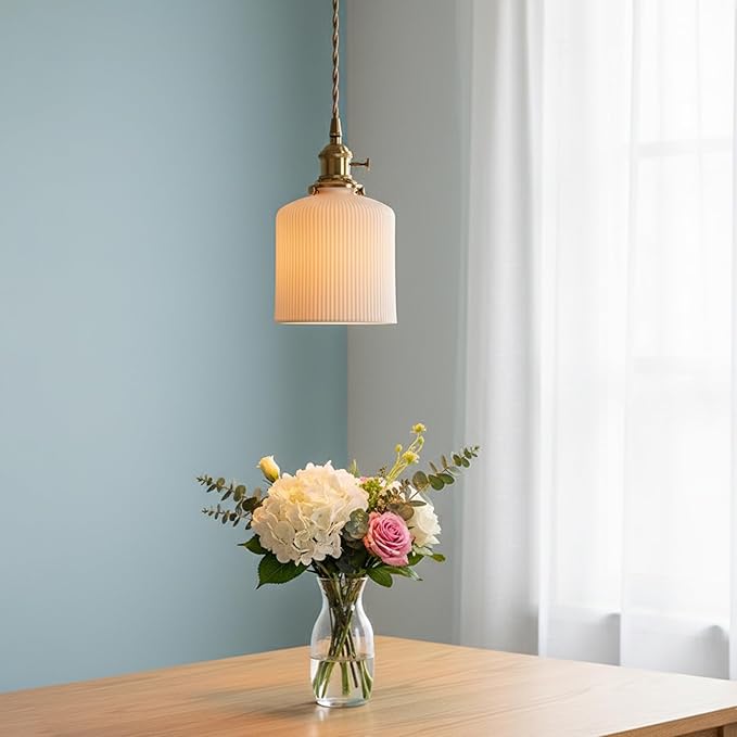 Modern Farmhouse Mini Pendant Light with White Ceramic Cylindrical Shade, Brass E26 Socket with On/Off Switch, Hardwired Hanging Lamp for Vanity, Kitchen Sink Lighting Bar Counter