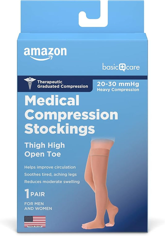 Amazon Basic Care Medical Compression Stockings, 20-30 mmHg Support, Women & Men Thigh Length Hose, Open Toe, Beige, X-Large (Previously NuVein)