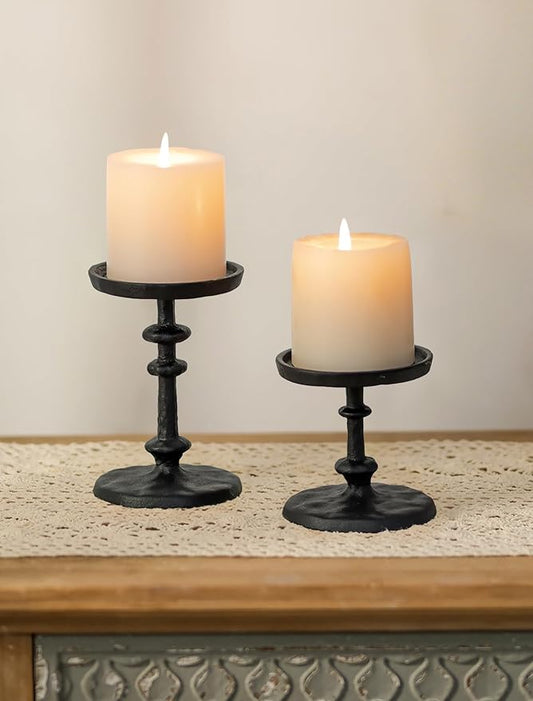 NUPTIO Pillar Candle Holder Black: Solid Cast Iron Candle Stand for 3 Inch Pillars - Handcrafted Hammered Candleholder for Thanksgiving Christmas Fireplace Mantle Decor