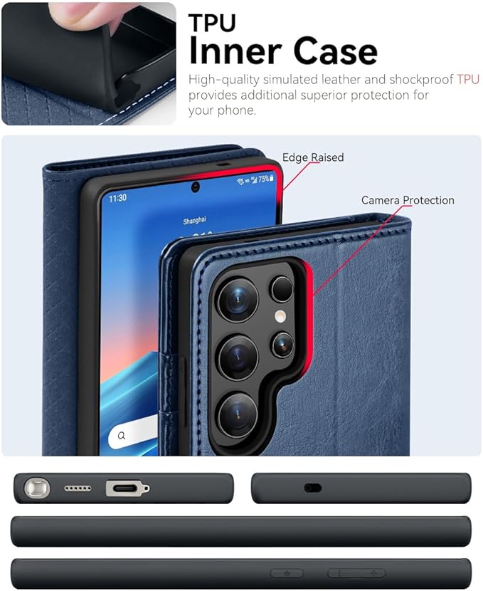 OCASE Compatible with Galaxy S25 Ultra Wallet Case, PU Leather Flip Folio Case with Card Holders RFID Blocking Kickstand [Shockproof TPU Inner Shell] Protective Phone Cover 2025, Blue