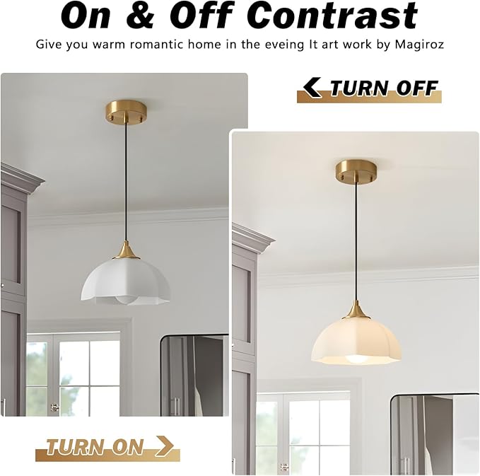 Mid Century Modern Pendant Light Kitchen Island Minimalist Gold Adjustable Ceiling Hanging Light Fixtures White Single Opal Glass Nordic Retro Dome Pendant Light for Dining Room MPL17-1 GD