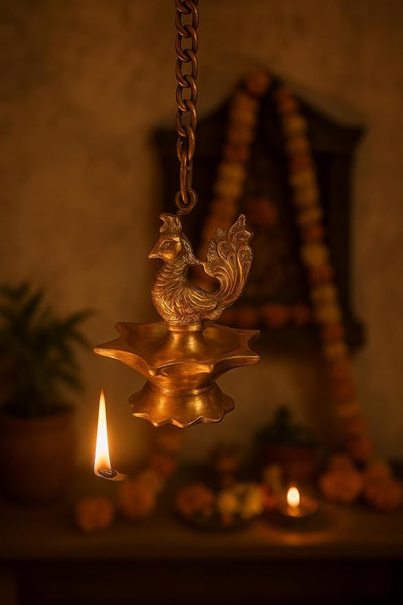 athizay Brass Diyas for Pooja Virgin Brass Indian Diya Set | Oil lamp Sets for Gifting | Home Decor to be Used with Cotton Wick or moli (Art Deco Peacock Diya)