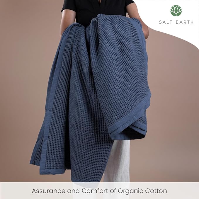 Salt Earth GOTS Certified 100% Organic Cotton Throw Blanket, 55" X 60" Waffle Blankets & Throws for Bed, Throw Blanket for Couch, Modern & Cozy Blanket, All Season Waffle Blanket, Soft Blanket (Navy)