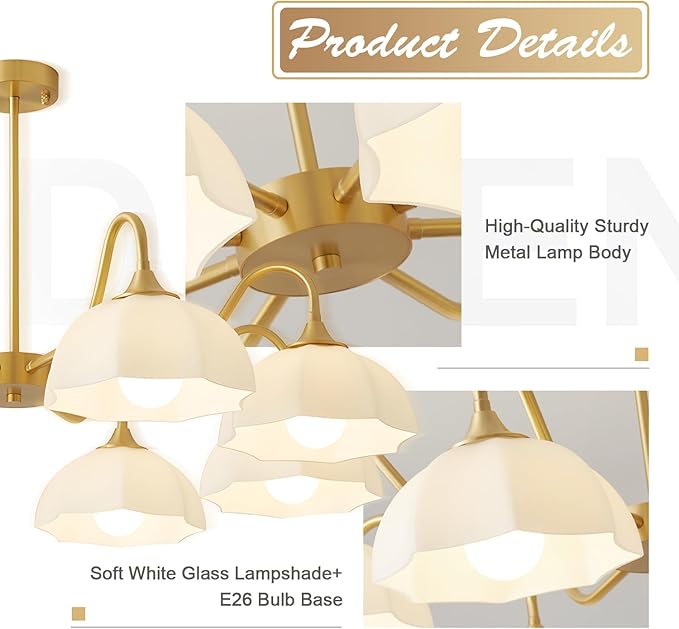 8 Lights Gold Sputnik Chandelier Light Fixture Large Mid Century Large Milk Glass Sputnik Pendant Lights Kitchen Island Modern Farmhouse Semi Flush Mount Chandelier Hanging Lamp MPL13-8 GD