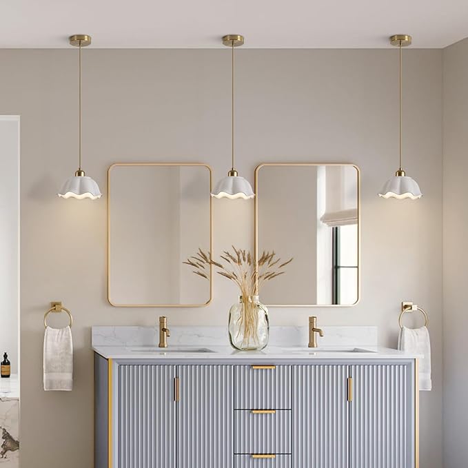 Modern Gold Milk Glass Pendant Light Mid Century Adjustable White Ceramic Hanging Light Fixture Vintage Brass Pendant Light Kitchen Island Nordic Hanging Lamp (2 Pack) MPL11-2 GD