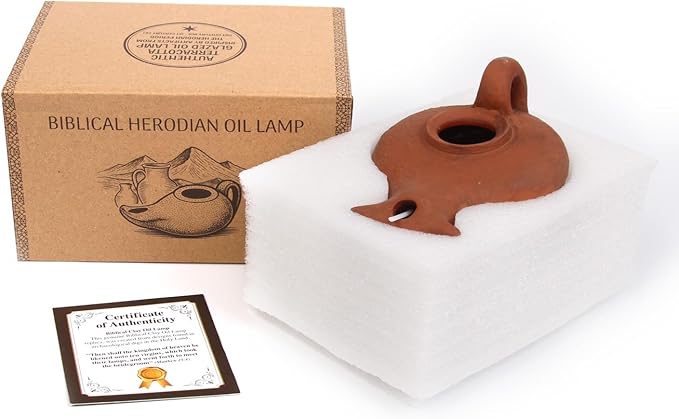Biblical Herodian Oil Lamp with Handle – Glazed Clay Replica in Gift Box with Certificate of Authenticity - Handmade Holy Land Judaica & Christian Gift