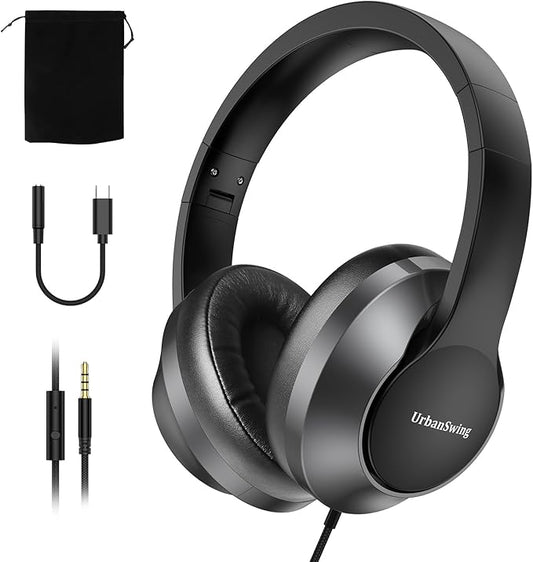 W2 USB C Headphones Wired Over Ear, 3.5mm AUX Plus USB-C Adapter, Wired Headset with Mic, Sturdy 4.9ft Extra-Long Cable for Gaming Consoles, iPhone 16, iPad & Tablets, Foldable with Pouch
