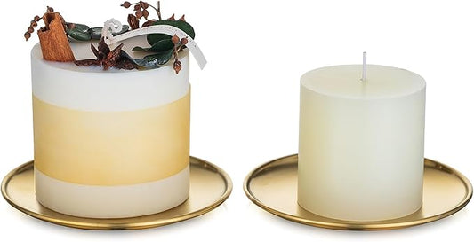 Romadedi Gold Pillar Candle Holders Decor - 5.5 Inch Round Candle Tray Decorative Brass Metal Plate Candle Srand for 3 Wick Candles Jars for Coffee Table Countertop Home Decorations, Set of 2