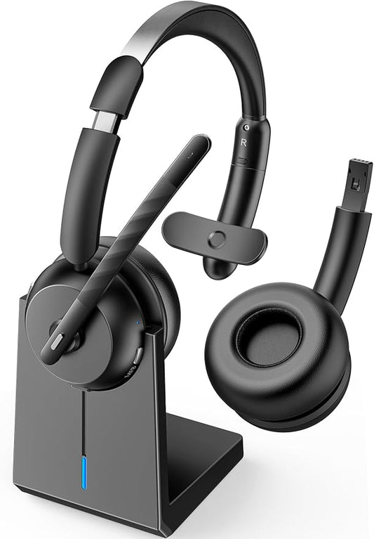 Wireless Headset with Mic for Work, Bluetooth 5.3 Headsets with Microphone and Detachable Earpads, 50H Playtime with Charging Base, Noise Cancelling Headphones for Work with Mic Mute