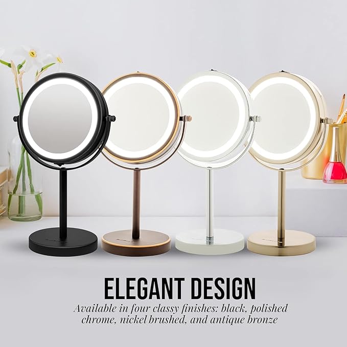 OVENTE 6" Lighted Makeup Mirror with 1X/7X Magnification, Cordless Tabletop Mount Vanity Round Mirror with 360° Swivel Design and Double Sided Cool Tone LED Ring Light, Antique Bronze MLT60ABZ1X7X