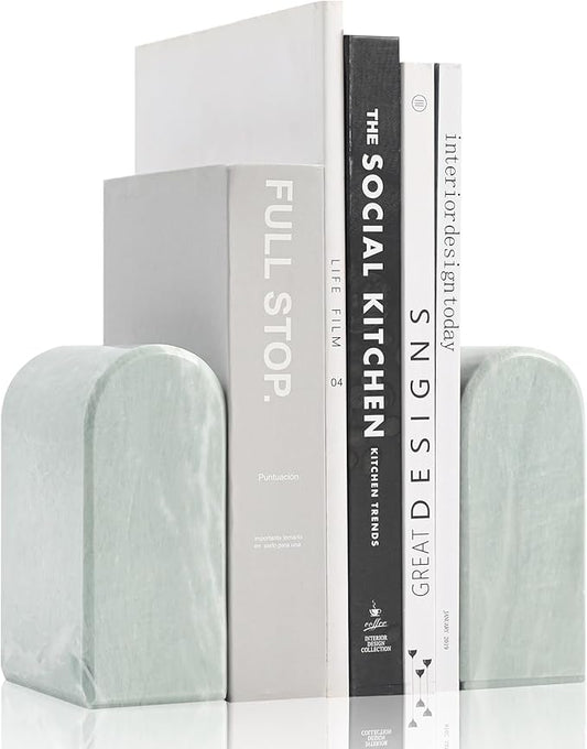 Luxury Marble Bookends for Shelves, 13LB Heavy Duty Marble Book Ends for Heavy Books, Stone Bookends Decorative, Polished, Light Green Arch, Set of 2