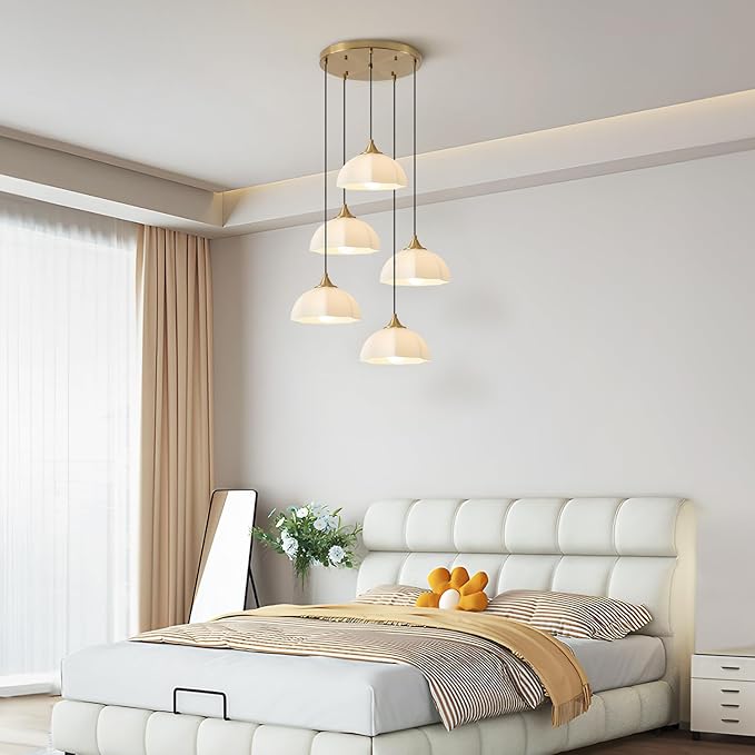 Modern 5 Light Brushed Gold Pendant Lighting Mid Century Milk Glass Cluster Pendant Lights Kitchen Island Adjustable Brass Hanging Chandelier Vintage White Ceramic Light Fixture MPL17-5R GD