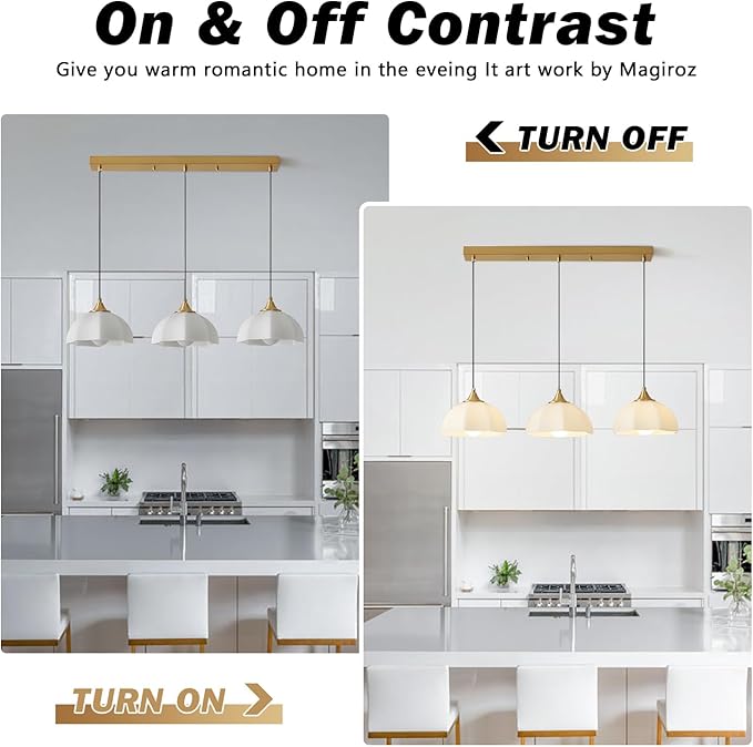Modern 3 Light Pendant Lighting Gold Linear Dining Room Light Fixture Milk Glass Linear Chandelier Brass and White Pendant Lights Kitchen Island 3 Bulb Hanging Ceiling Light MPL17-3S GD