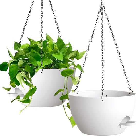 13 Inch 2 Pack Large Self Watering Hanging Planters for Indoor Outdoor Plants, Hanging Plant Pots with Removable 50 Oz Reservoir, Plastic Hanging Basket for Window Porch Garden, White