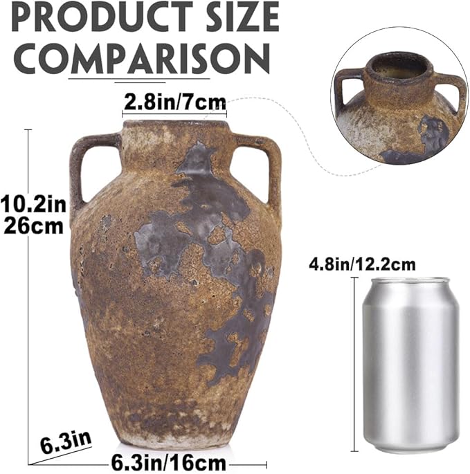 Wabi Sabi Decor Rustic Vase with 2 Handles, Farmhouse Vase for Home Decor, Vintage Terracotta Stone Vases Suitable for Home Decor, Living Room, Shelf Decor, Dining Table Decorative Vases