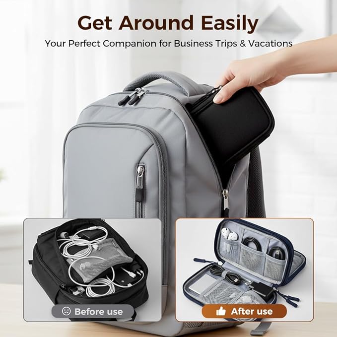 Qeuxv 2026 Travel Cable Organizer Pouch, Electronic Accessories Carry Case, Portable Waterproof Double Layers All-in-One Storage Bag for Cable, Charger, Mobile phone, Headphones (Navy Blue)