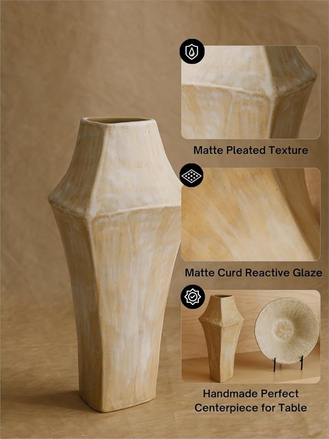 WENSHUO 9.76" H Stoneware Vase-Tri-Sided Angular Design,for Classic Decorative vase for Home Decor,Handmade Perfect Centerpiece for Table, Island,or Counter,Matte Curd Color Reactive Glaze