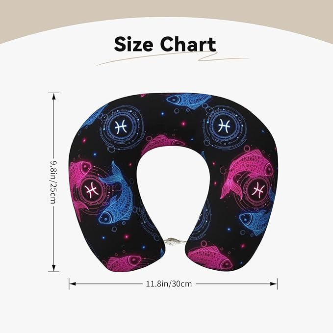 Neck Travel Pillow, Women Men Washable Airplane Car Pillows Neon Fish Zodiac Pisces, Head Support Rest U Shaped Cushion Comfortable for Watching TV