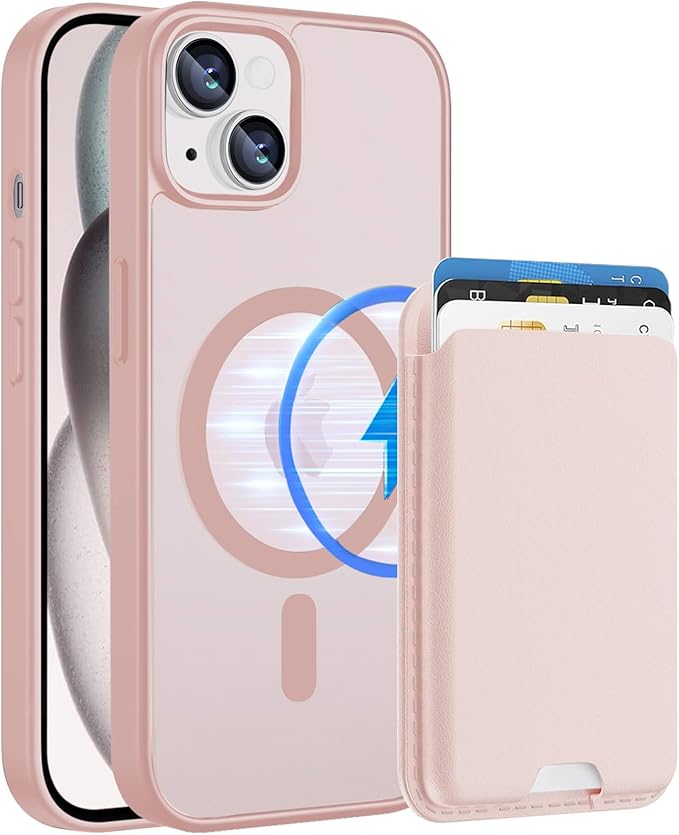 Ntwinro Magnetic for iPhone 13 & iPhone 14 Case (Compatible with MagSafe) with Detachable Wallet & Card Holder for 3 Cards [RFID Blocking] Military Grade Protective Slim Phone Cover, Pink