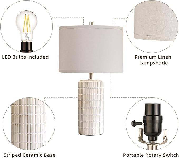23'' Set of 2 Modern Ceramic Table Lamps for Living Room Bedroom, Nightstand Farmhouse Beige White Desk Lamp for Bedside End Table Entryway, 2 LED Bulbs Included