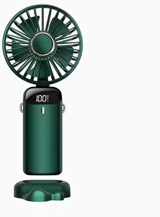 AMPMG LED Digital Display Rechargeable Fan – Portable Handheld & Desk Fan with Adjustable Speeds, USB Charging, Quiet Operation, and Base Stand for Home, Office, Travel and Outdoor Use (Green)