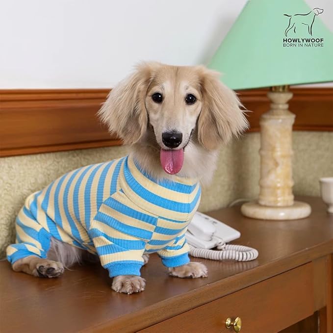 HowlyWoof Dachshund Dog Shirt, Thin Striped Base Layer Onesie for Wiener Dogs, Lightweight All-Season Wear, Soft & Comfy Fit for Doxie and Short-Leg Breeds (Pink&Grey, Size 2 (11-16 lbs))