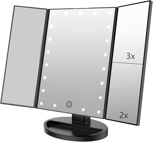 Tri-fold Lighted Vanity Makeup Mirror with 3x/2x Magnification,21 LEDs Light and Touch Screen,180 Degree Free Rotation Countertop Cosmetic Mirror,Travel (Black)