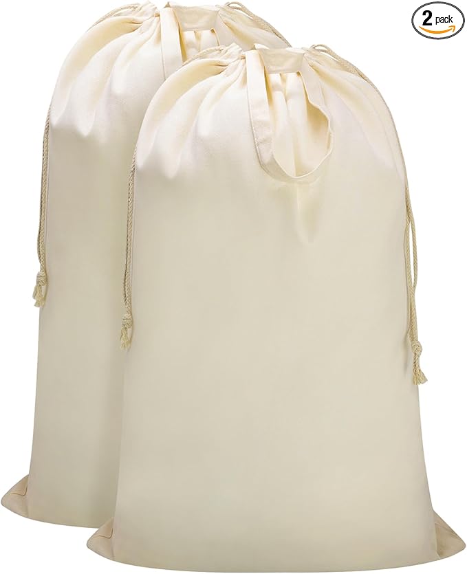 Canvas Laundry Bag with Handles & Drawstring 23.6"x35", Hanging Dirty Clothes Travel Bag, Heavy Duty Washable Laundry Sack (NOT Hamper Liner) - 2 Pack