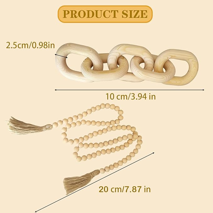 2 Pieces Decorative 5 Link Wooden Chain Decor and Bead Boho Farmhouse Rustic Home Table Decor Coffee Table Shelf Aesthetic Modern Bookshelf Table Wooden Decortion (Natural)